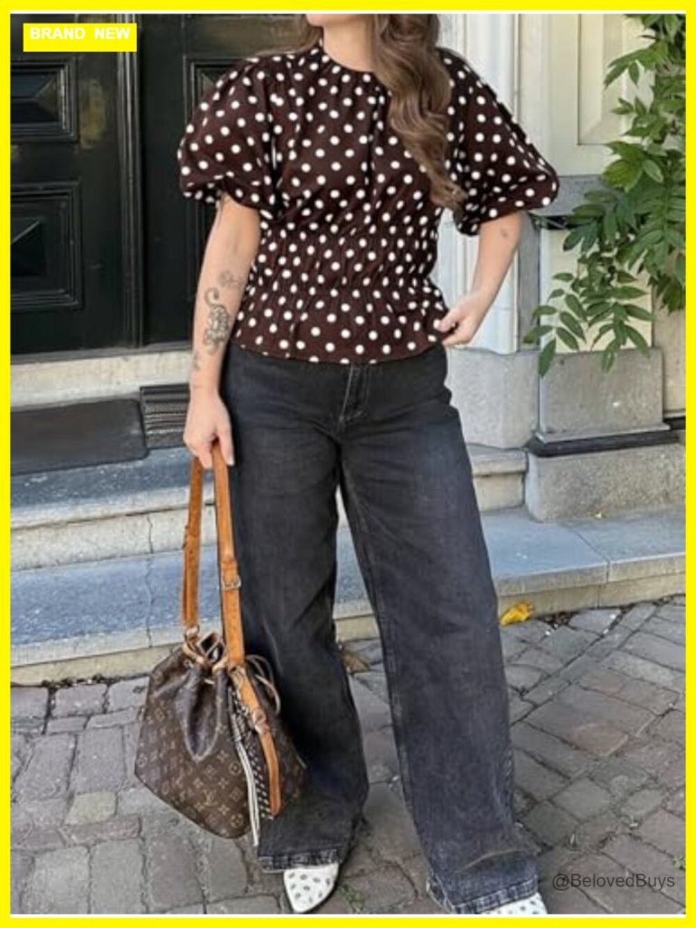 Polka Dots Peplum Top Puff Sleeve Round Neck Blouses Casual Shirts - Picture 5 of 7